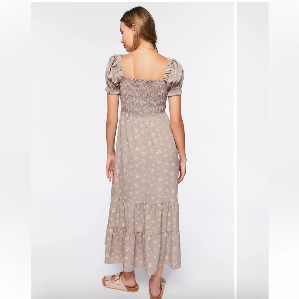 Floral Puff-Sleeve Dress/Taupe Color ——— Can fit Medium to Large - Picture 3 of 6